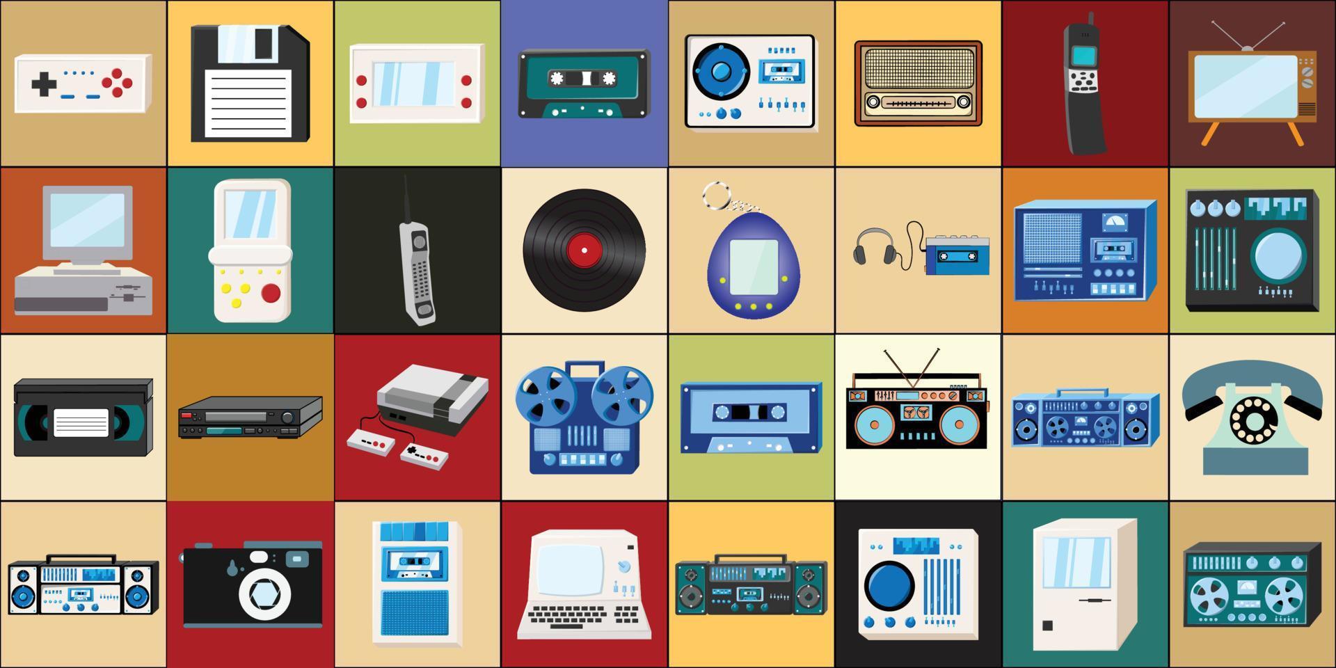 ensemble d'icônes vieux rétro vintage hipster tech électronique cassette magnétophone, ordinateur, consoles de jeux pour jeux vidéo des années 70, 80, 90. illustration vectorielle vecteur