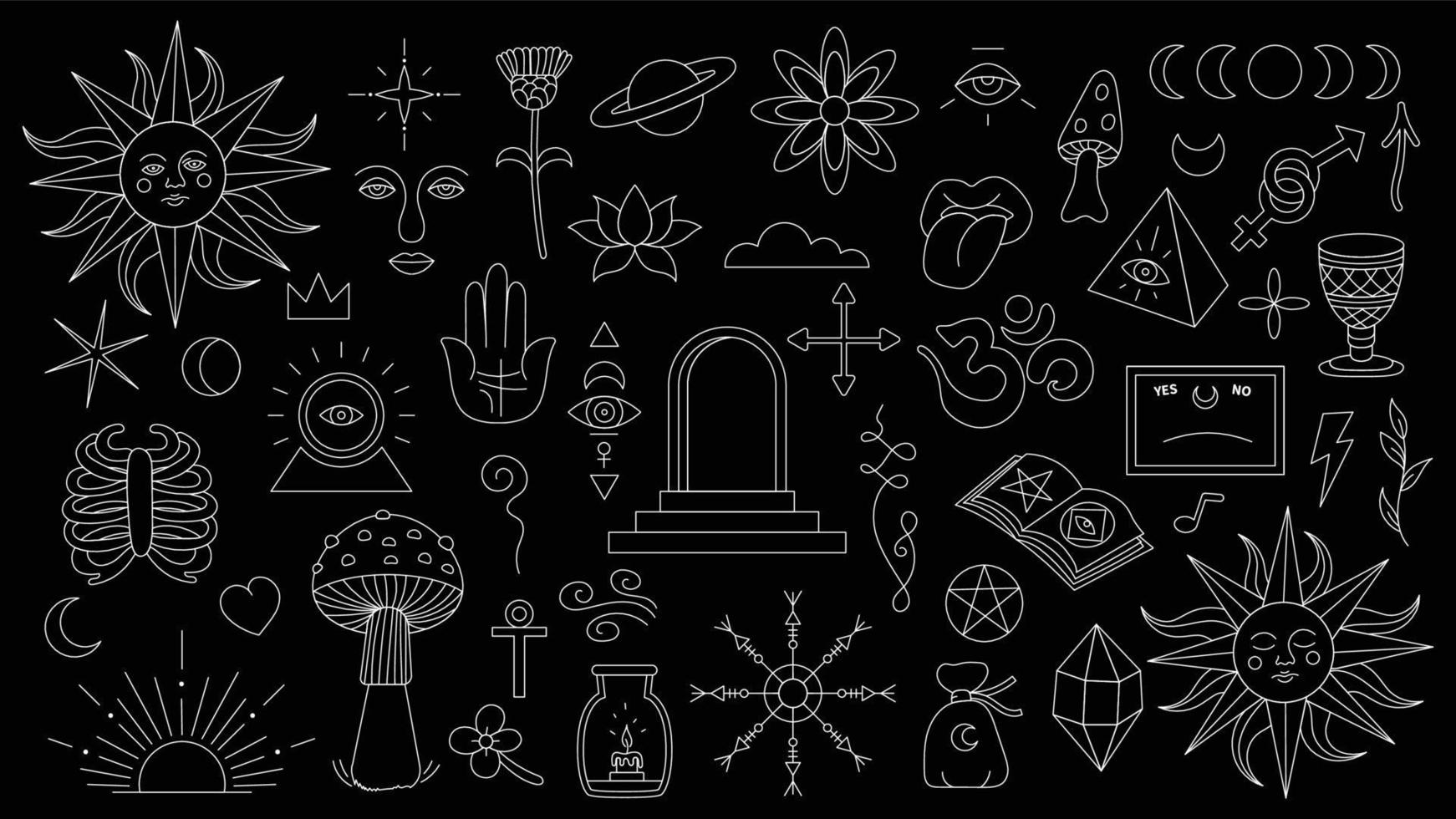 fond magique dans un style rétro avec des éléments dessinés à la main. motif isolé de vecteur mystique décoratif. autocollants de course modifiables. élément ésotérique dans le minimalisme. collection d'art de tatouage de symboles occultes