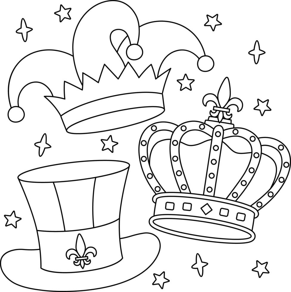 Coloriage couronne de roi et chapeau de bouffon de mardi gras vecteur