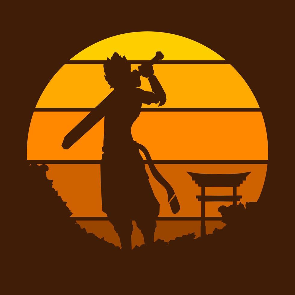 samouraï japon épée chevalier logo vectoriel sur cercle coucher de soleil. fond de guerrier pour t-shirt, affiche, vêtements, merch, vêtements, conception de badges.