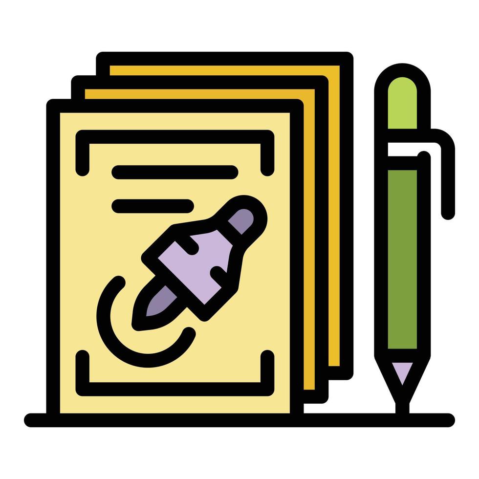 notaire, stylo, document, icône, couleur, contour, vecteur
