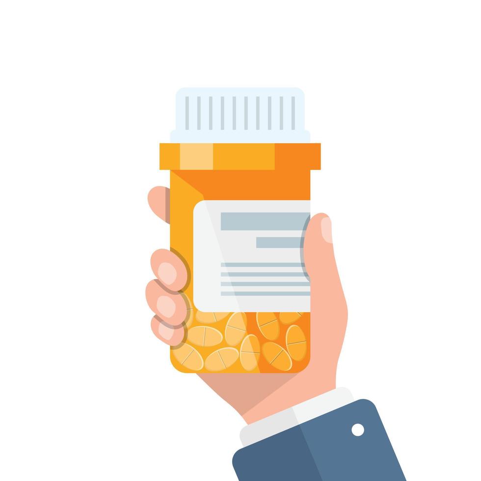 bouteille de pilules dans l'illustration de la main dans un style plat. capsules médicales illustration vectorielle sur fond blanc isolé. concept d'entreprise de signe de pharmacie. vecteur