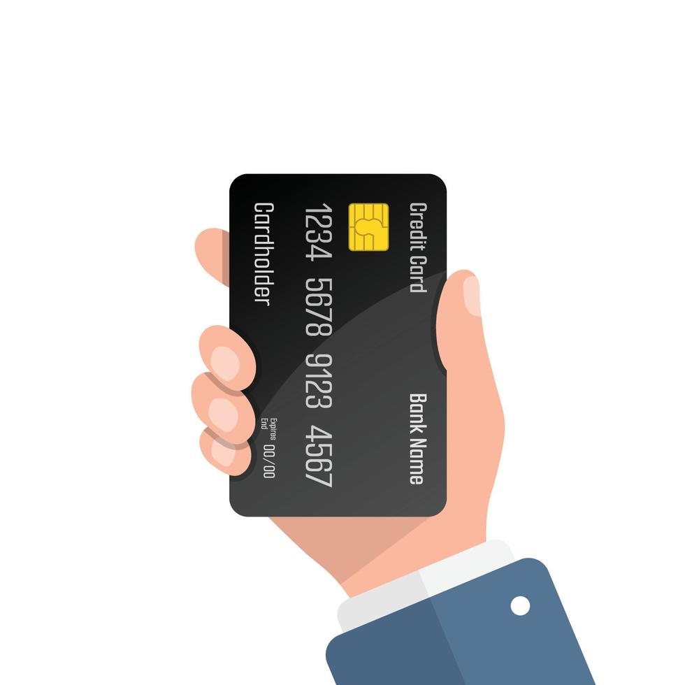 carte de crédit en main illustration dans un style plat. illustration vectorielle de paiement en ligne sur fond isolé. concept d'entreprise de signe bancaire. vecteur