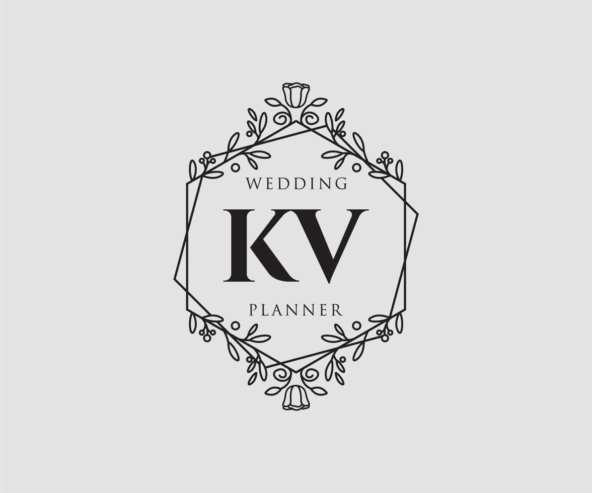 collection de logos de monogramme de mariage lettre initiales kv, modèles minimalistes et floraux modernes dessinés à la main pour cartes d'invitation, réservez la date, identité élégante pour restaurant, boutique, café en image vectorielle vecteur