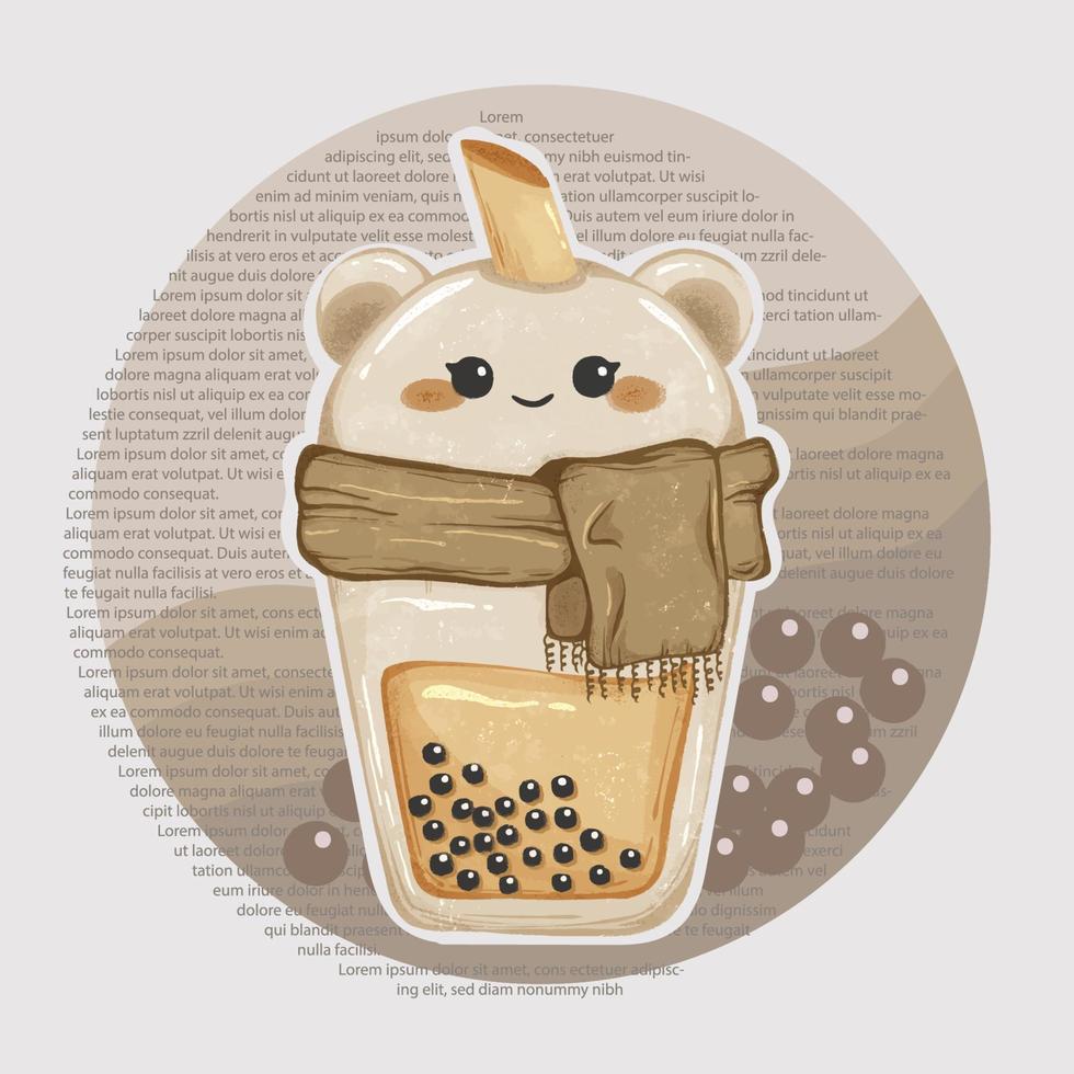 mignon ours boba milktea portant une écharpe pour le thème de l'hiver aquarelle clipart illustration vecteur