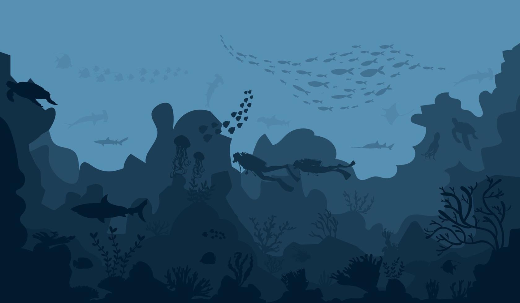 silhouette de récif corallien avec poissons et plongeurs sur fond bleu mer illustration vectorielle sous-marine vecteur