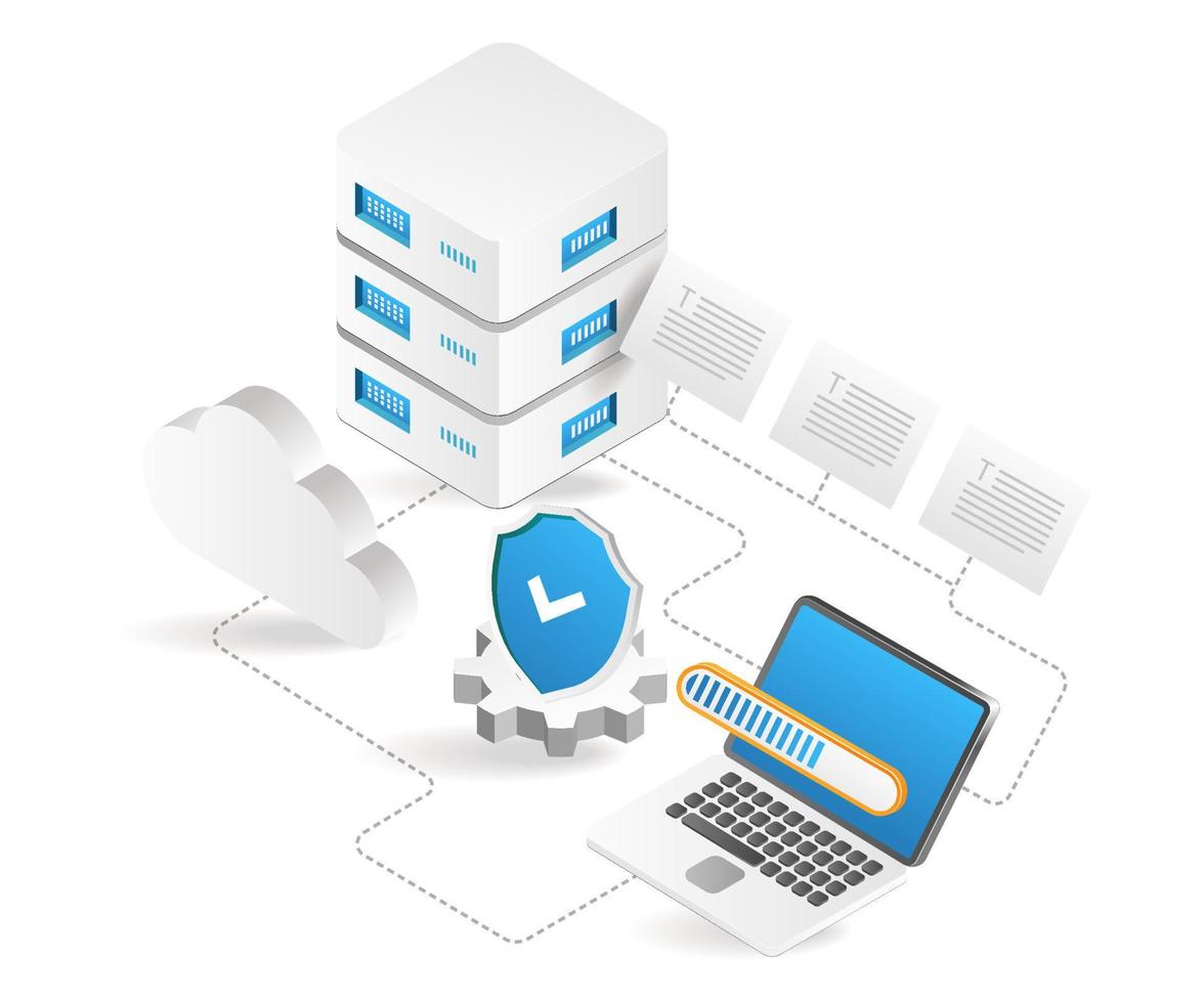 processus de sécurité d'illustration 3d isométrique plat envoyer des données au serveur vecteur