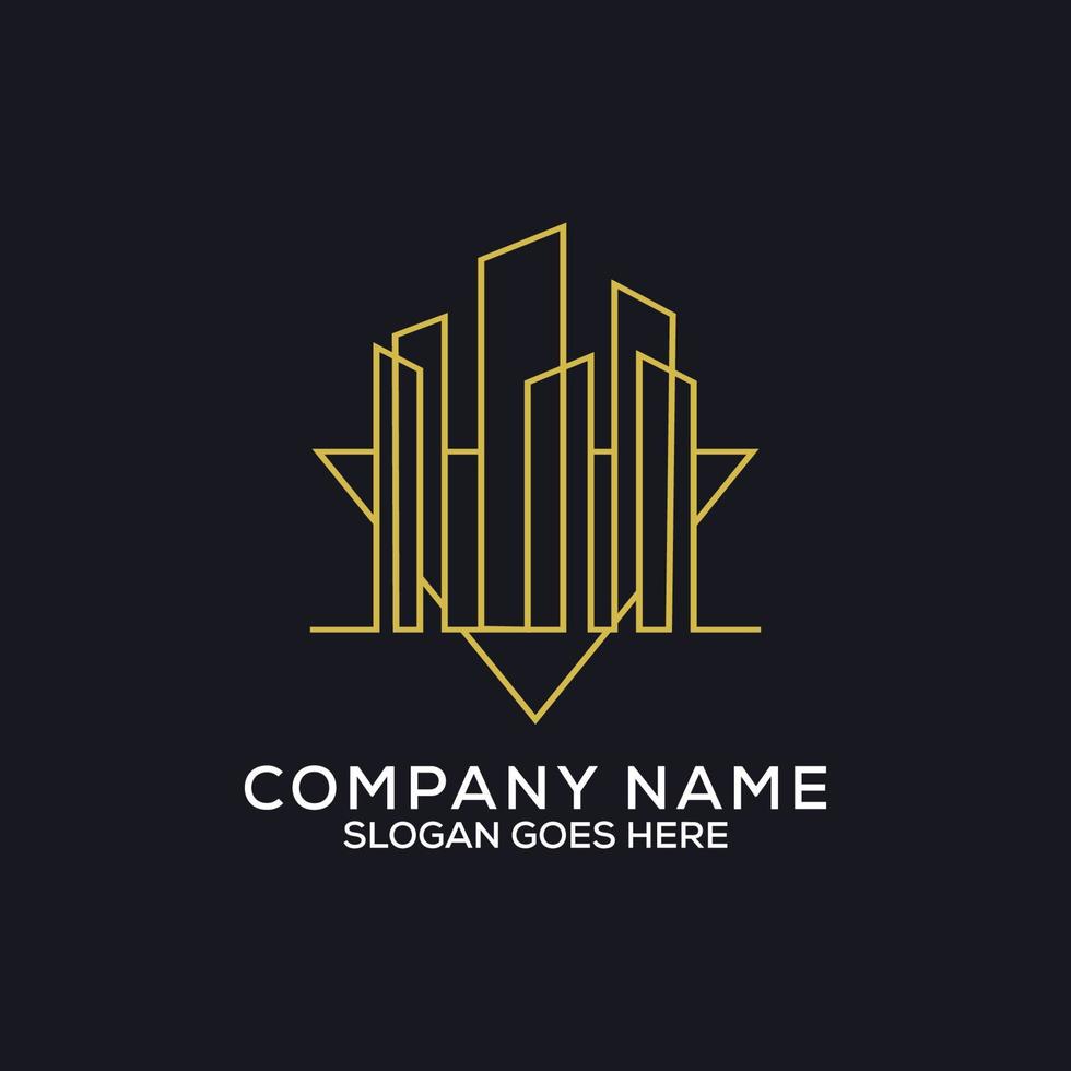 conception de logo de construction d'art en ligne, construction de bâtiment de contour avec monogramme doré, peut être utilisée comme symboles, identité de marque, logo d'entreprise, icônes ou autres. vecteur