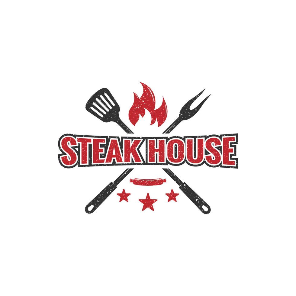 emblème de logo rustique de steak house, symbole d'illustration vectorielle de barbecue de campagne rétro vintage vecteur