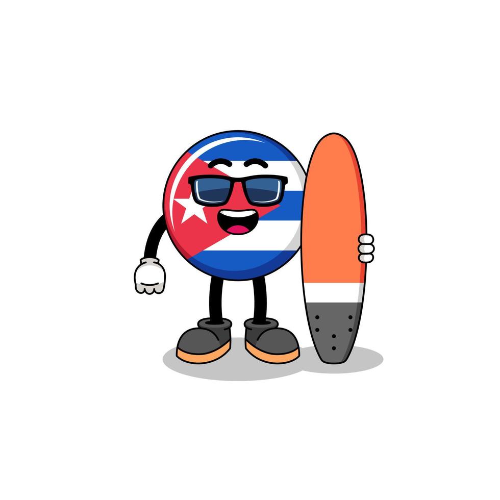 caricature de mascotte du drapeau de cuba en tant que surfeur vecteur
