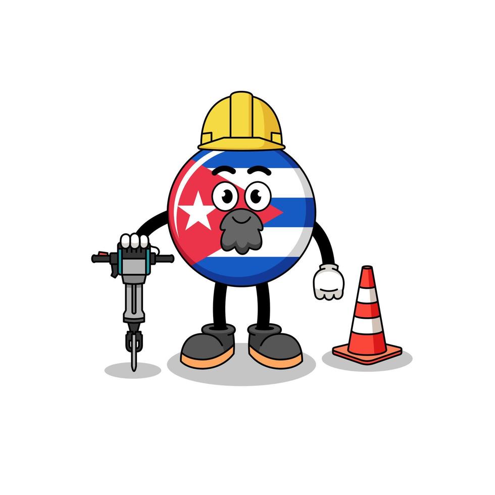 personnage de dessin animé du drapeau de cuba travaillant sur la construction de routes vecteur