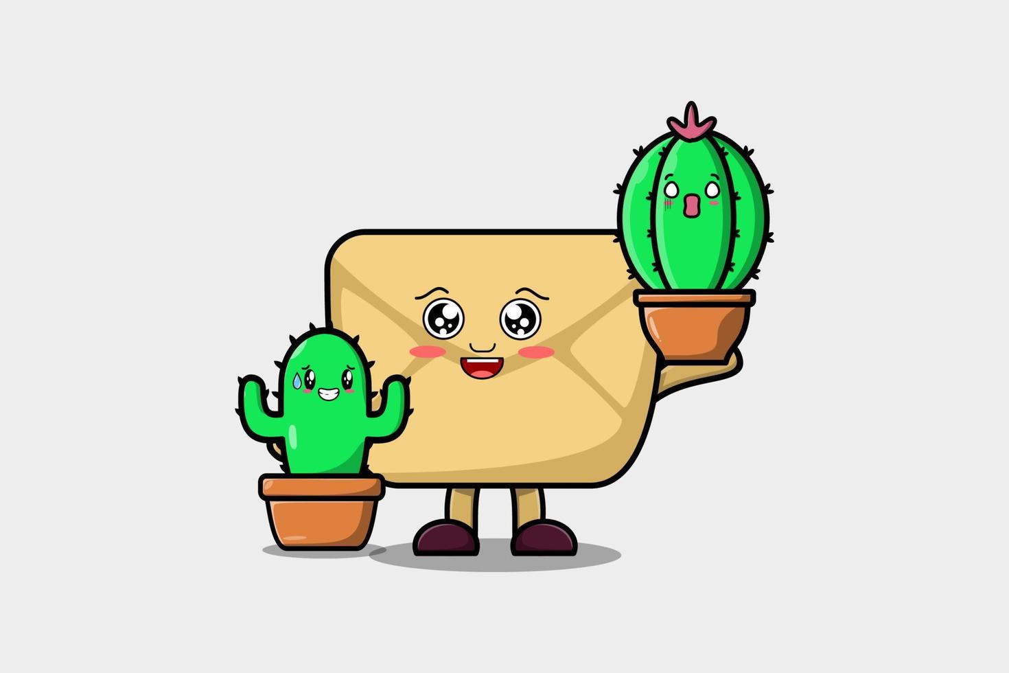 enveloppe de dessin animé mignon tenant une plante de cactus en pot vecteur