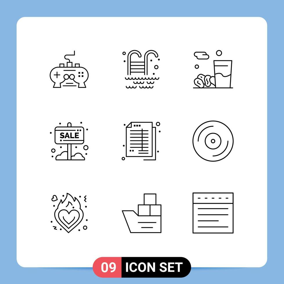 icône universelle symboles groupe de 9 contours modernes de la comptabilité vente conseil boisson vente bannière éléments de conception vectoriels modifiables vecteur