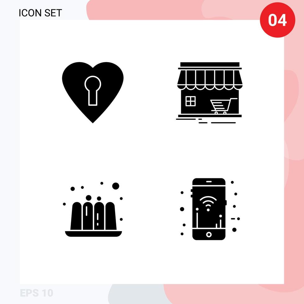 4 glyphes solides universels définis pour les applications web et mobiles magasin d'alimentation cardiaque bâtiment éléments de conception vectoriels modifiables mobiles vecteur