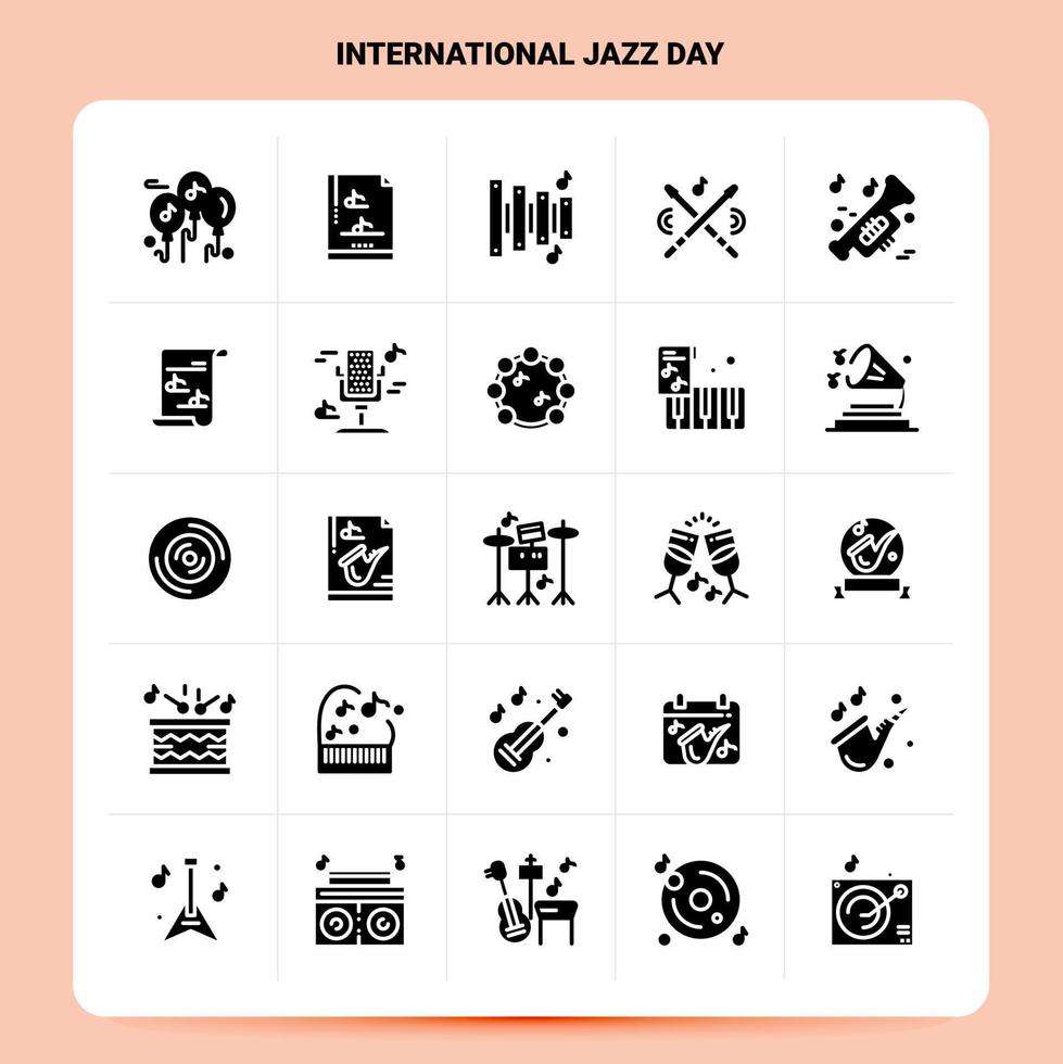 ensemble d'icônes de la journée internationale du jazz solide 25 icônes vectorielles de conception de style glyphe noir ensemble d'idées d'affaires web et mobiles illustration vectorielle de conception vecteur