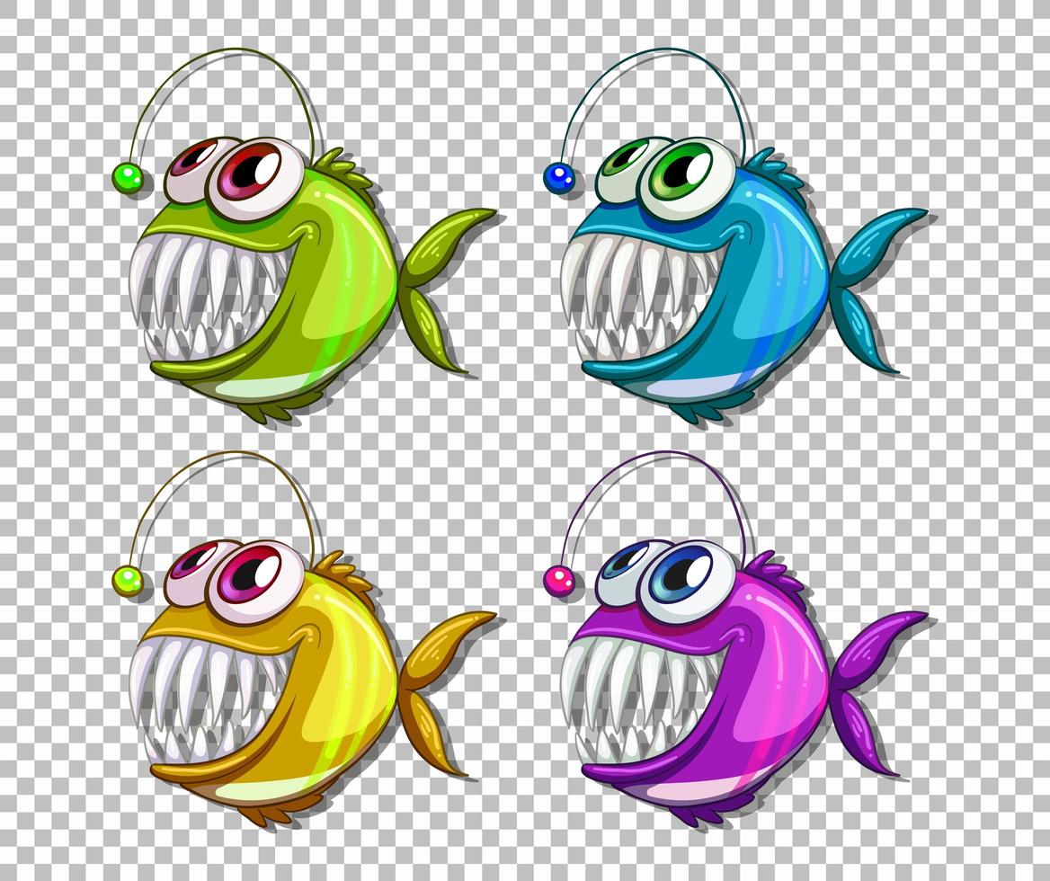 ensemble de personnage de dessin animé de poisson pêcheur de couleur différente sur fond transparent vecteur