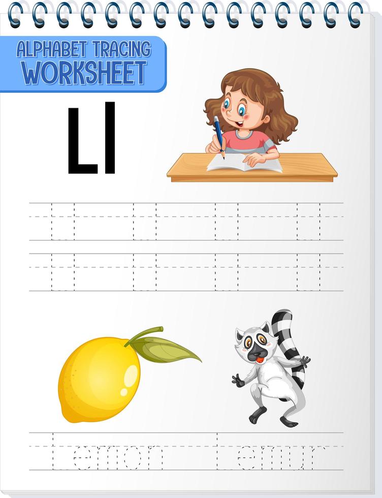 feuille de calcul de traçage alphabet avec lettre et vocabulaire vecteur