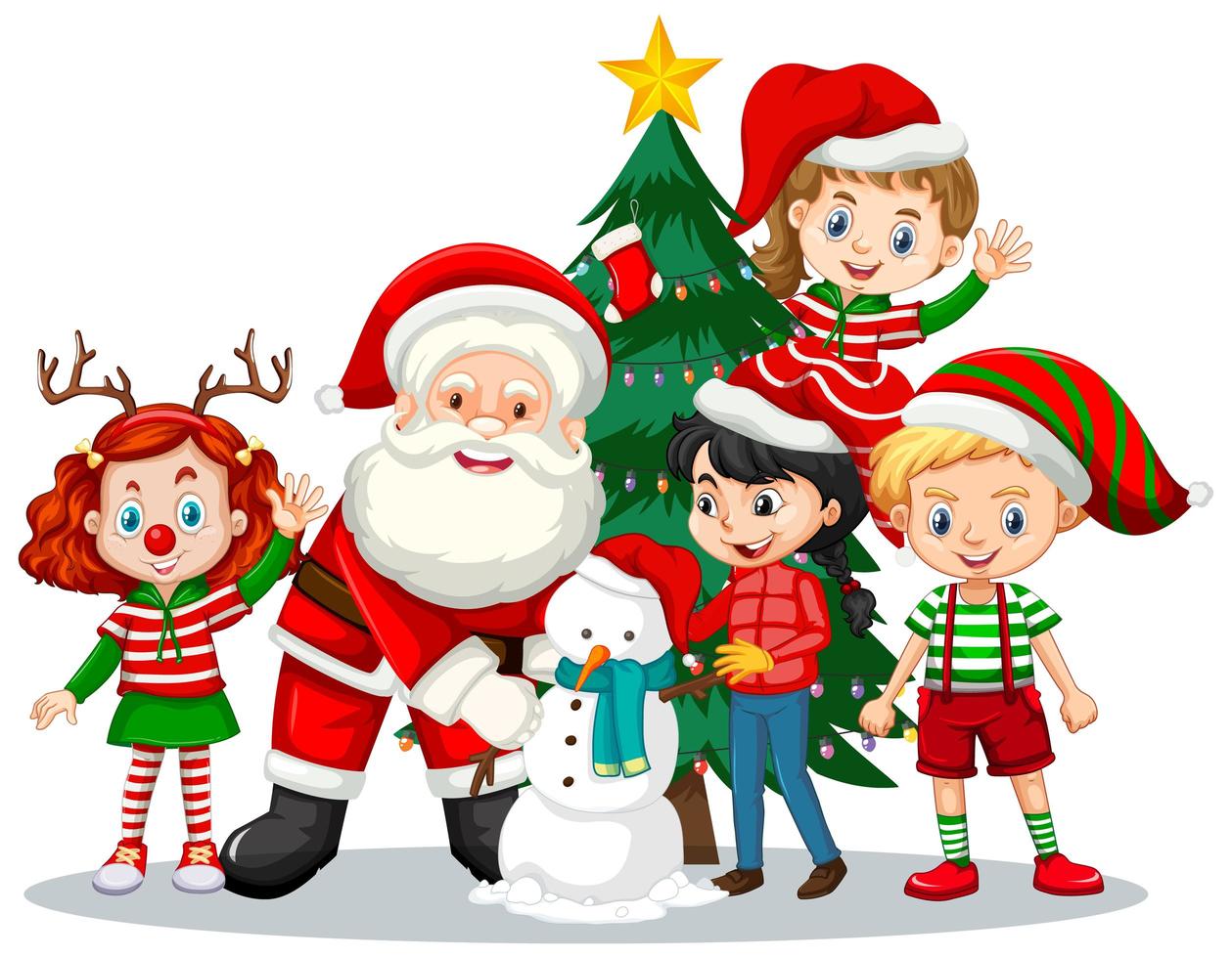 Le père Noël avec des enfants portent un personnage de dessin animé de costume de Noël sur fond blanc vecteur