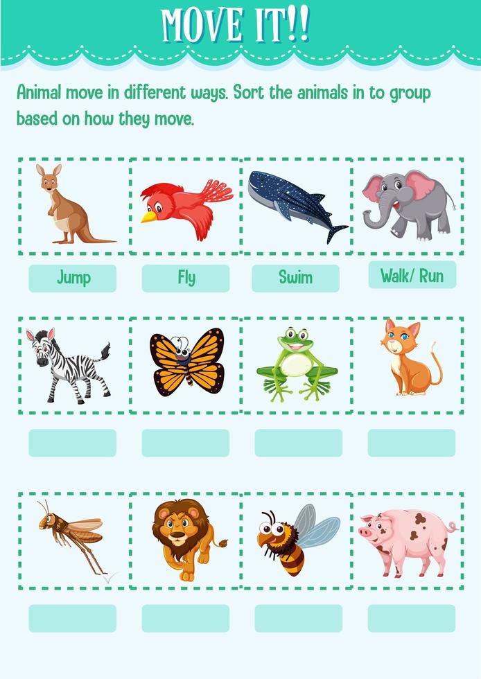 trier l'animal dans le groupe en fonction de la façon dont il déplace la feuille de travail pour la maternelle vecteur