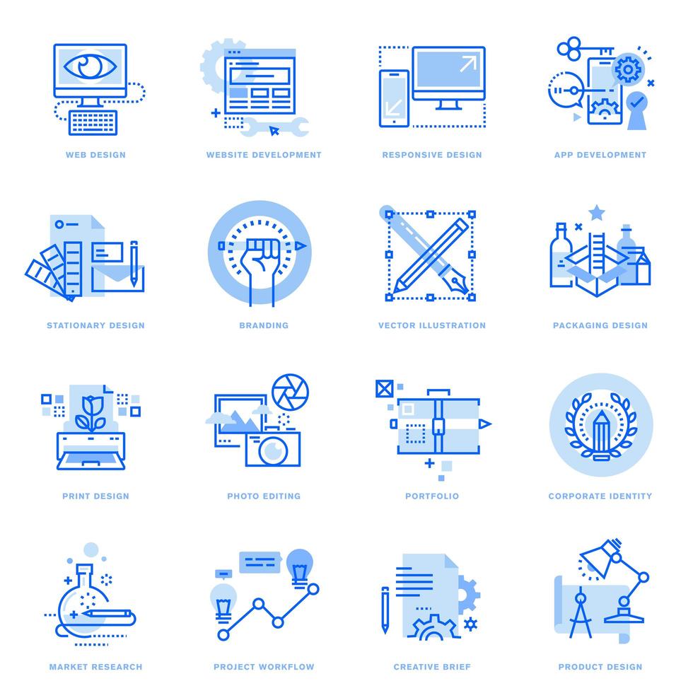 ensemble d & # 39; icônes de ligne plate de conception et de développement graphique et web vecteur