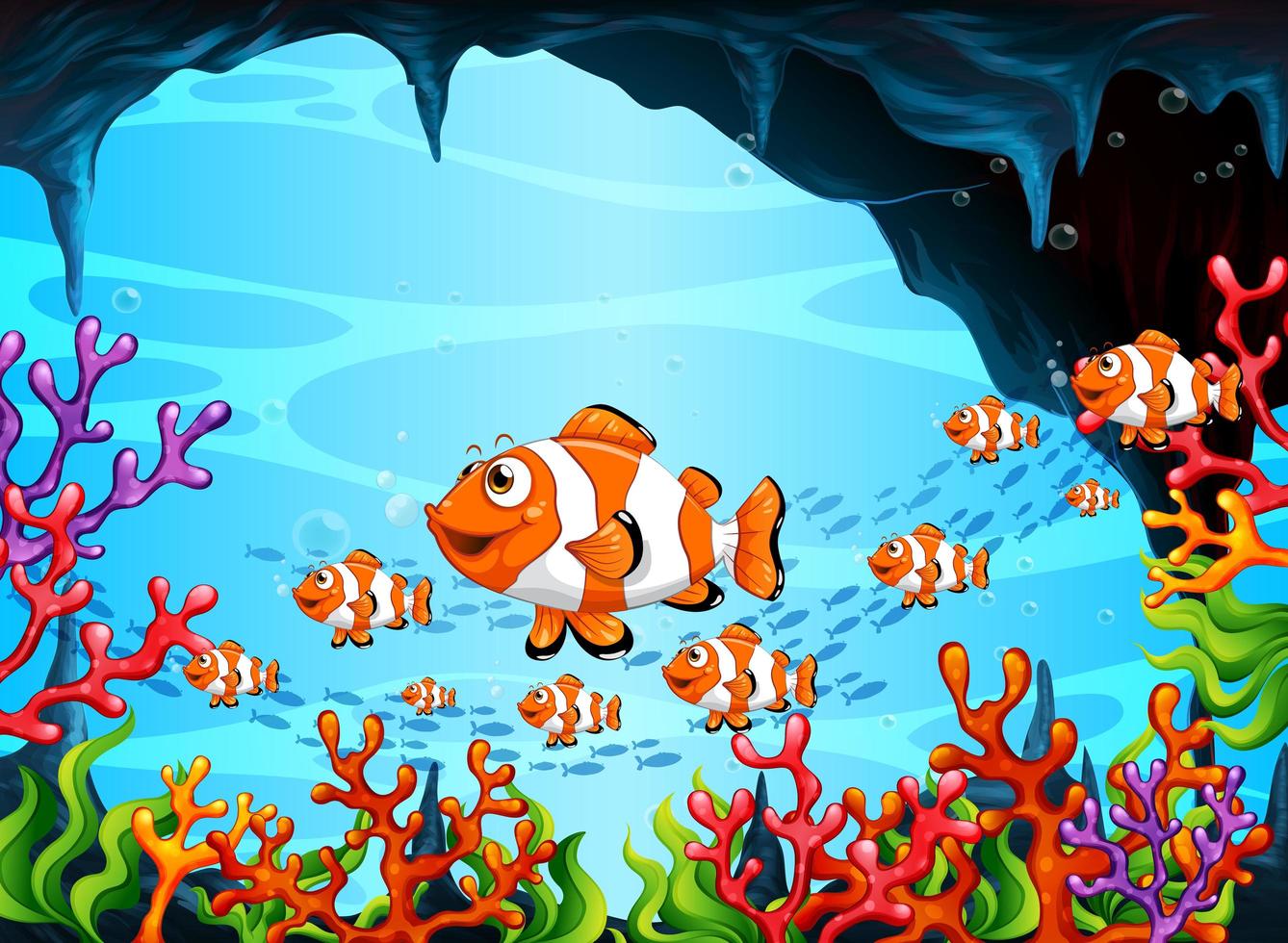 Personnage de dessin animé de nombreux poissons exotiques dans la scène sous-marine avec des coraux vecteur
