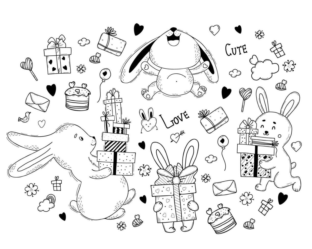 joli personnage de lapin avec des cadeaux, des boîtes, des bonbons et des gâteaux, des bonbons et des fleurs. illustration vectorielle. éléments isolés dans le style de griffonnages dessinés à la main pour la conception, la décoration, les cartes de voeux, les valentines vecteur