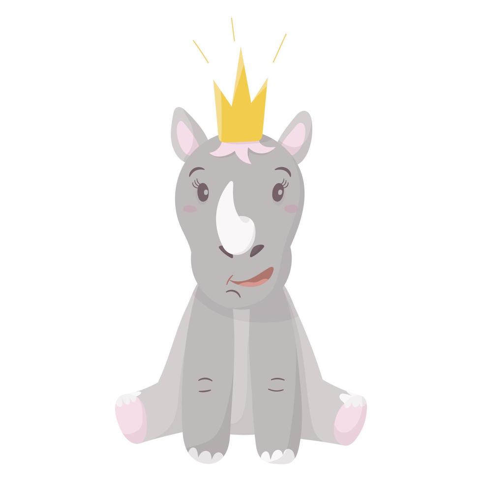 illustration de dessin animé de vecteur isolé sur fond blanc. bébé rhinocéros bébé assis avec une couronne. un animal mignon pour décorer les papiers peints et les cartes des enfants.