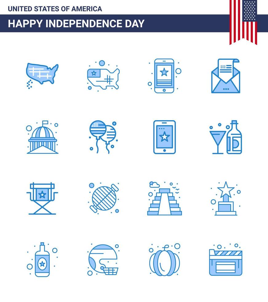 joyeux jour de l'indépendance 4 juillet ensemble de 16 blues américain pictogramme d'usa house phone building invitation modifiable usa day vector design elements