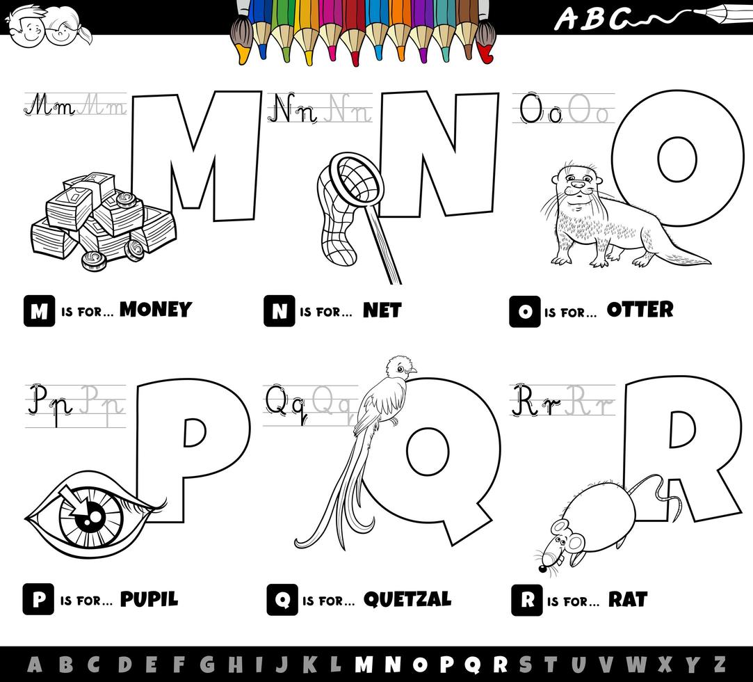 Alphabet lettres de m à r livre de coloriage vecteur