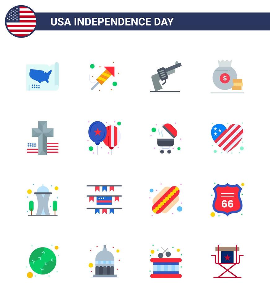 4 juillet usa joyeux jour de l'indépendance icône symboles groupe de 16 appartements modernes de cross american gun money dollar modifiable usa day vector design elements