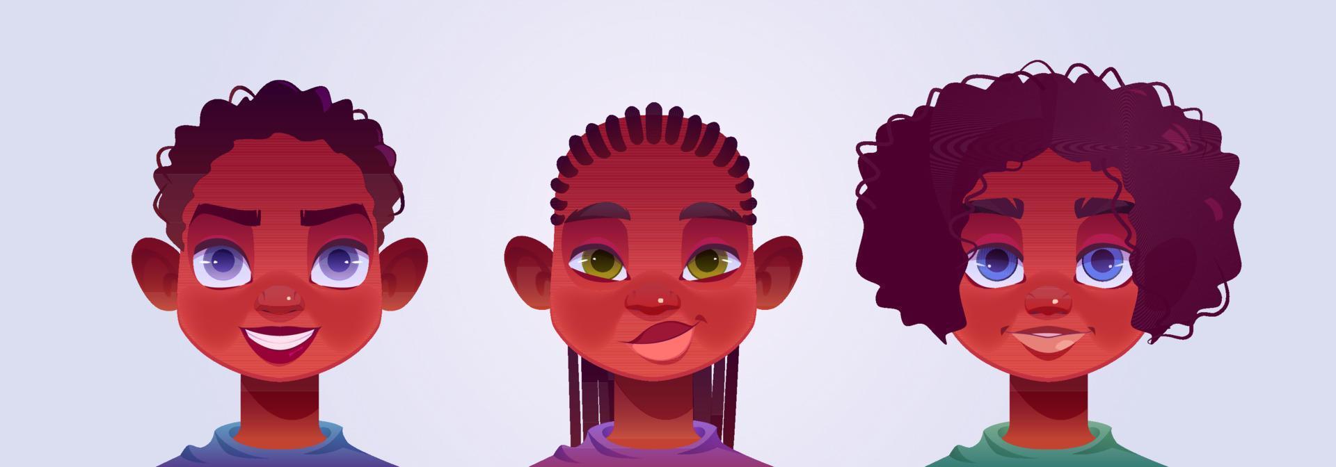 avatars de garçon noir, visages de jeunes personnages masculins vecteur