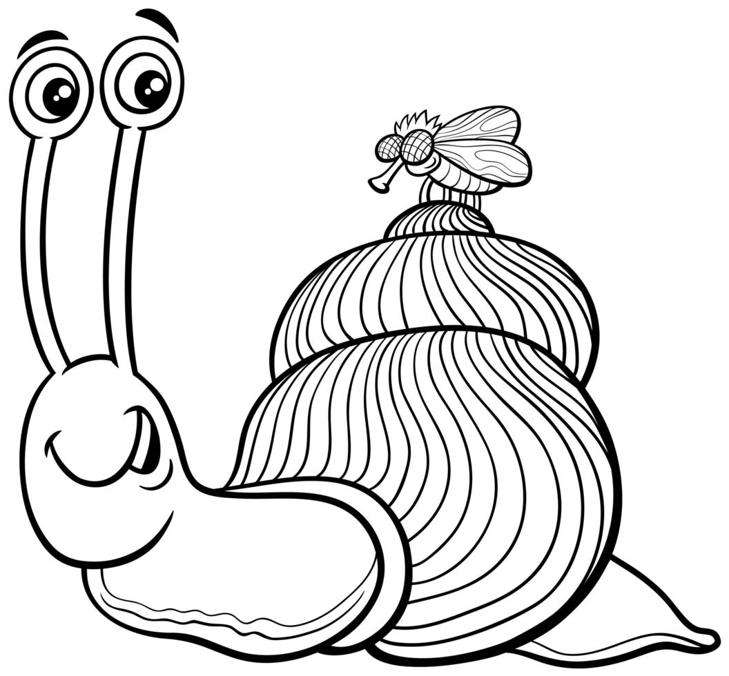escargot et mouche personnages de dessins animés page de livre de coloriage vecteur