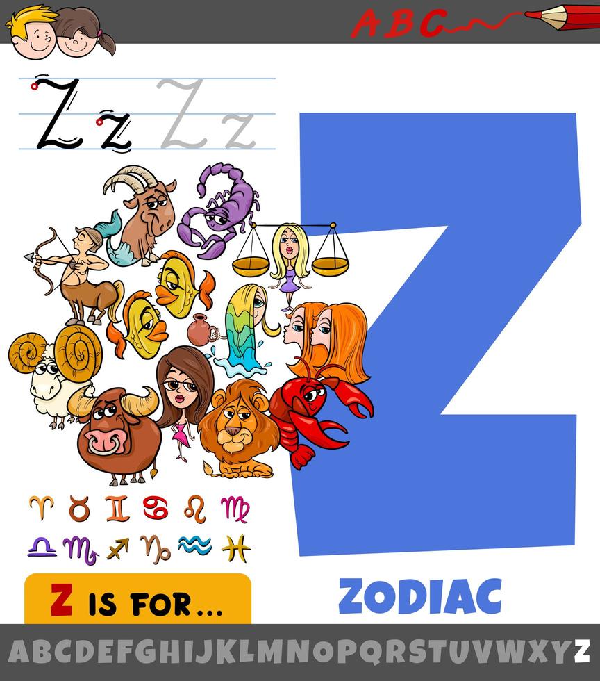 lettre z de l'alphabet avec des signes du zodiaque de dessin animé vecteur