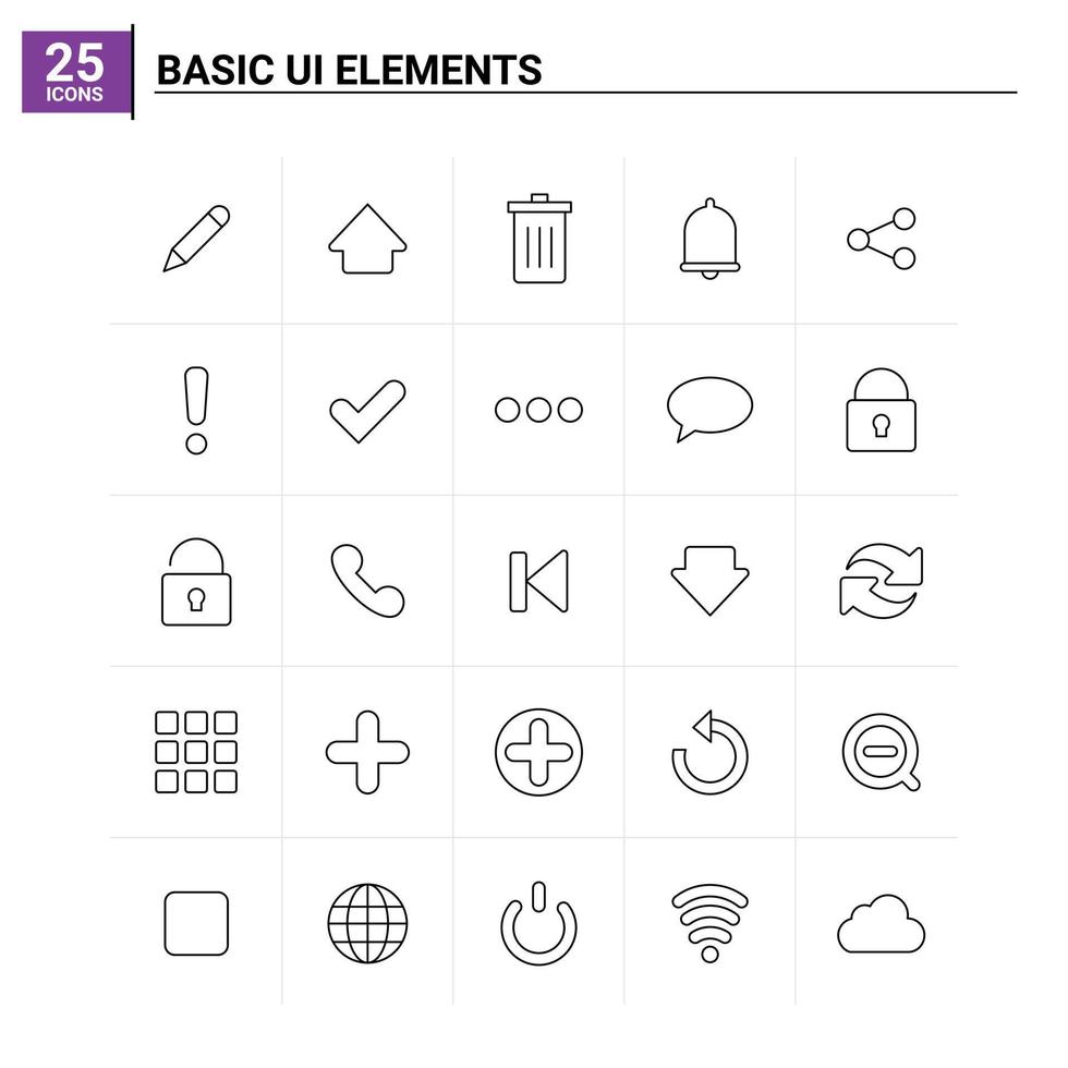 25 éléments de base de l'interface utilisateur jeu d'icônes fond vectoriel