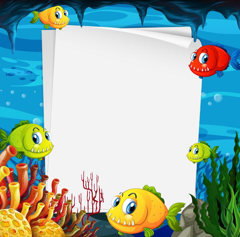 bannière de papier vierge avec des poissons exotiques et des éléments de la nature sous-marine sur le fond sous-marin vecteur