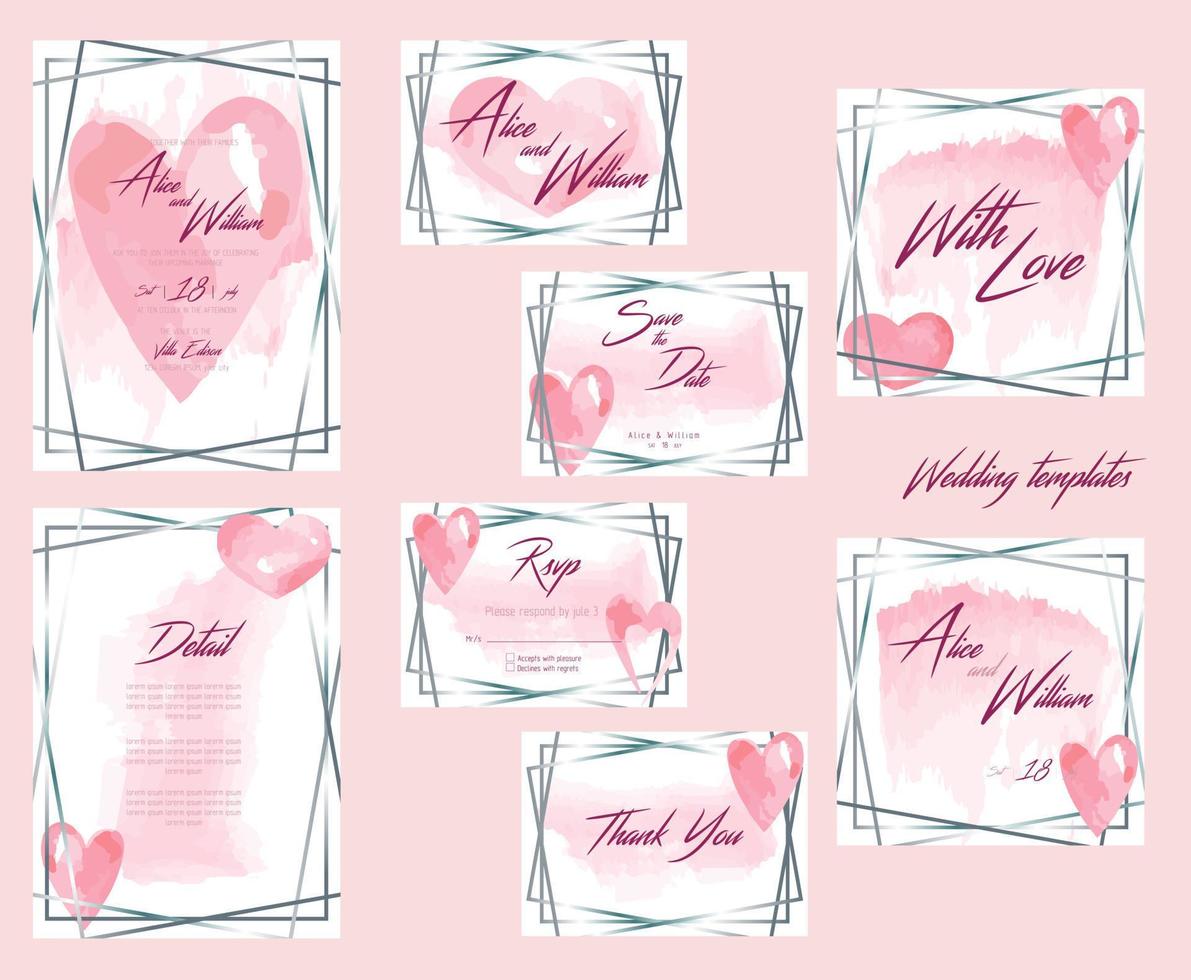 modèles de vecteur de saint valentin. ensemble de cartes de mariage et de voeux, brochures et invitations en rose avec des coeurs