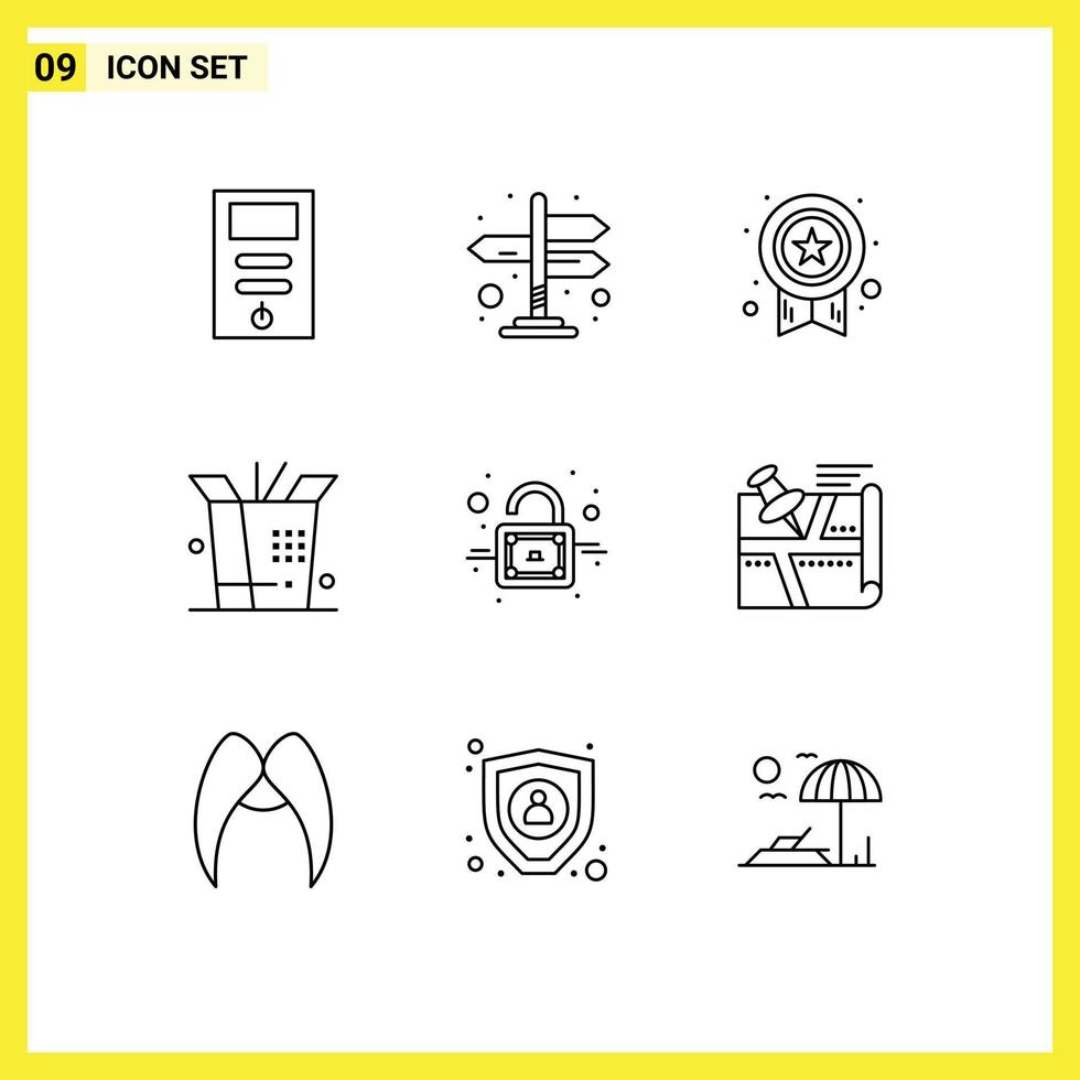 pack d'icônes vectorielles stock de 9 signes et symboles de ligne pour l'itinéraire déverrouiller la médaille cadenas wok éléments de conception vectoriels modifiables vecteur