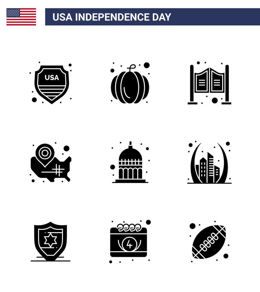 joyeux jour de l'indépendance 9 pack d'icônes de glyphes solides pour le web et l'impression indianapolis emplacement broche ménage wisconsin états modifiables usa day vector design elements