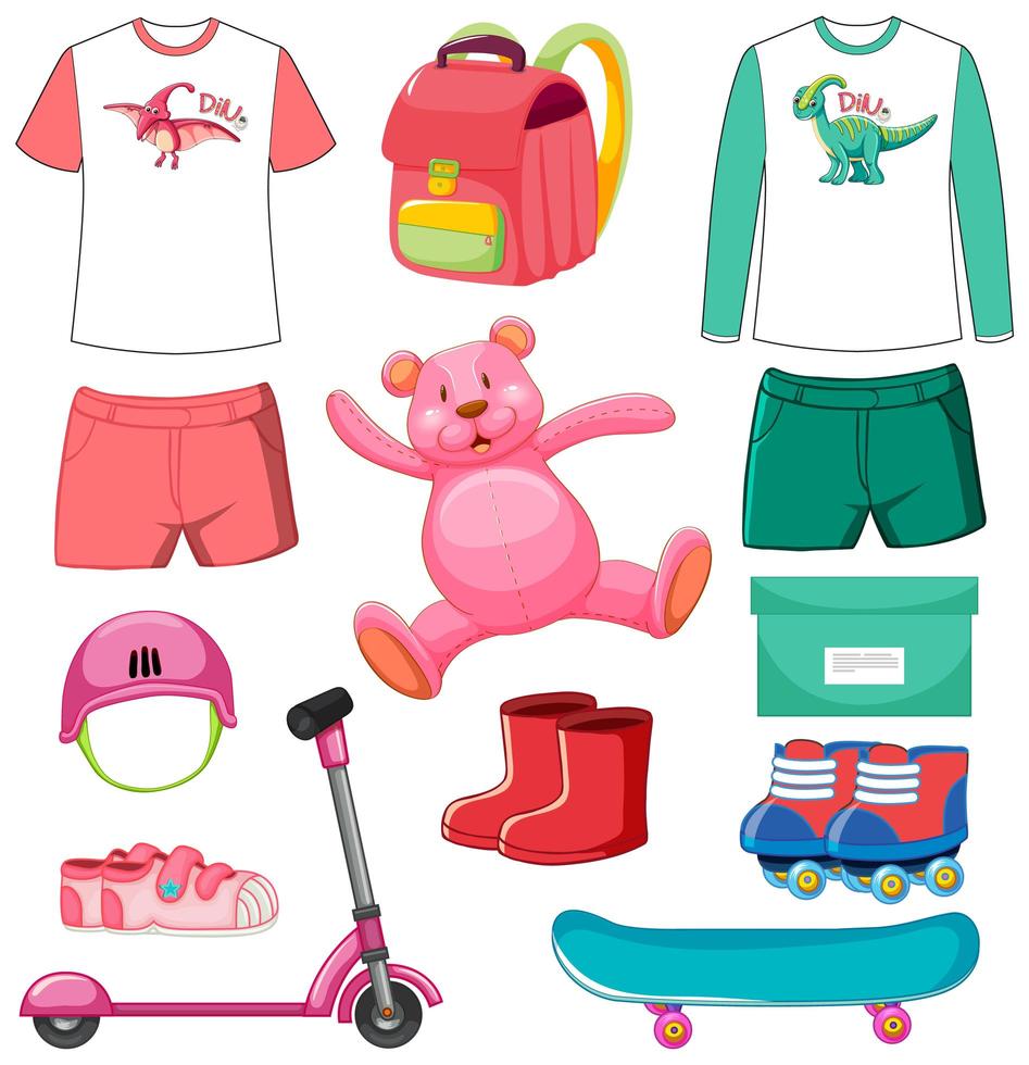 ensemble de jouets et vêtements de couleur rose et vert isolé sur fond blanc vecteur