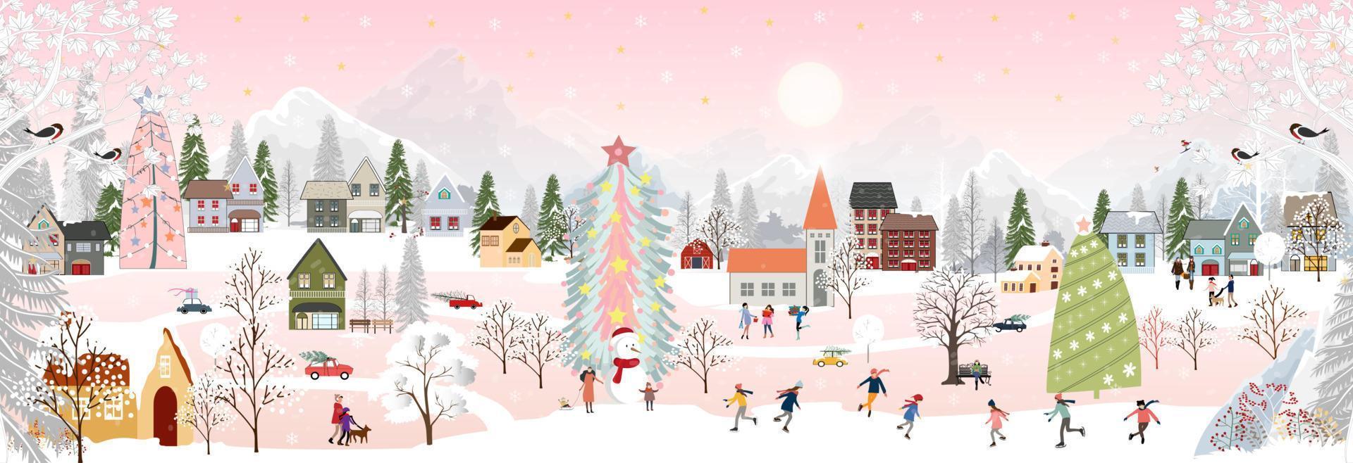 paysage d'hiver la nuit avec des gens s'amusant à faire des activités de plein air le nouvel an, le jour de noël dans le village avec des gens célébrant, des enfants jouant des patins à glace, des adolescents skiant avec de la neige qui tombe vecteur