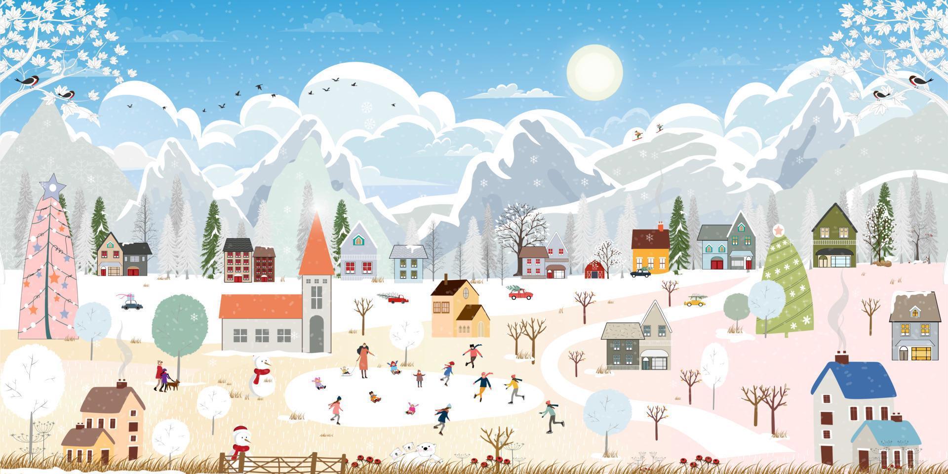 paysage d'hiver dans le village, noël et nouvel an célébrés dans la ville, vecteur de bannière horizontale pays des merveilles d'hiver dans la ville avec des enfants heureux faisant de la luge et un couple avec du ski dans le parc
