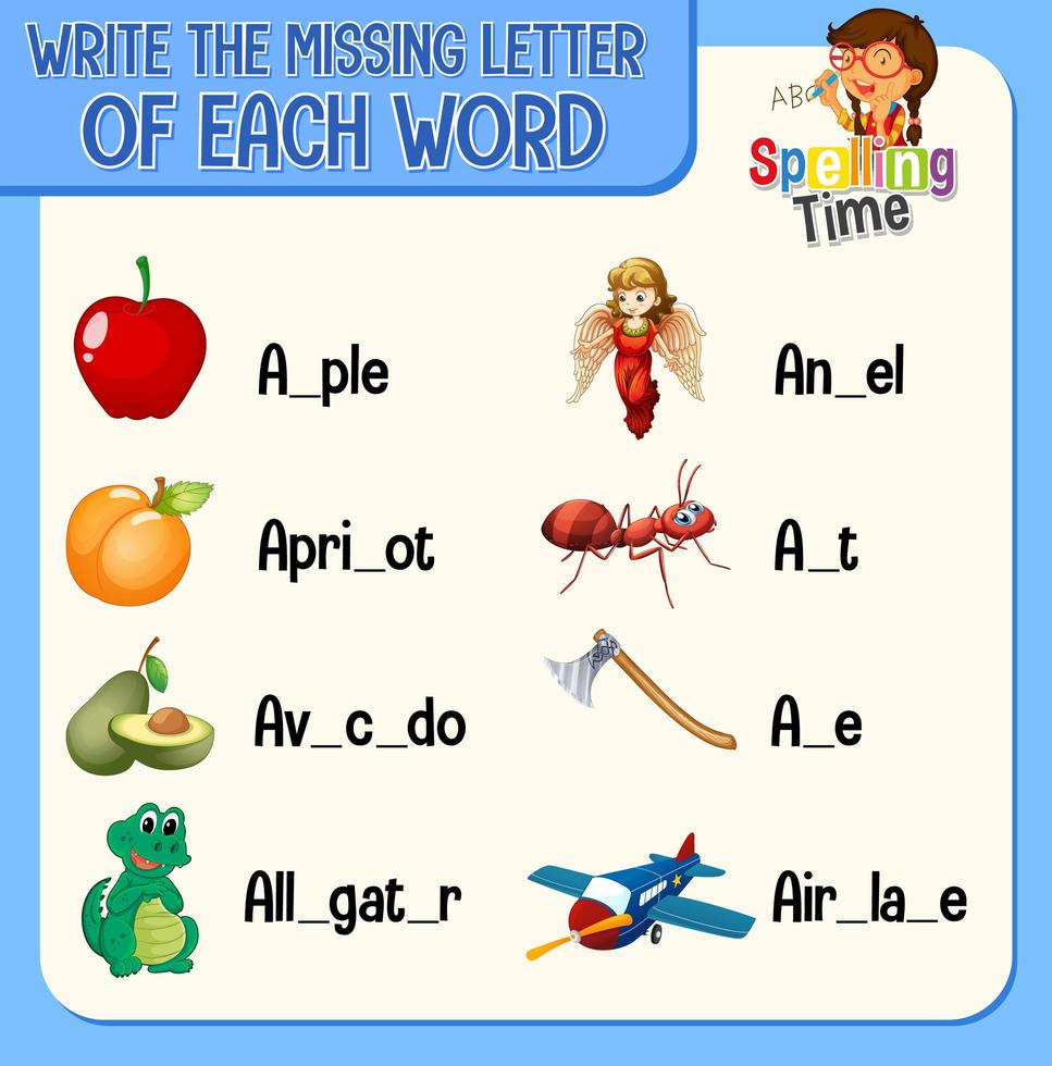 remplir la lettre manquante de chaque feuille de calcul de mot pour les enfants vecteur