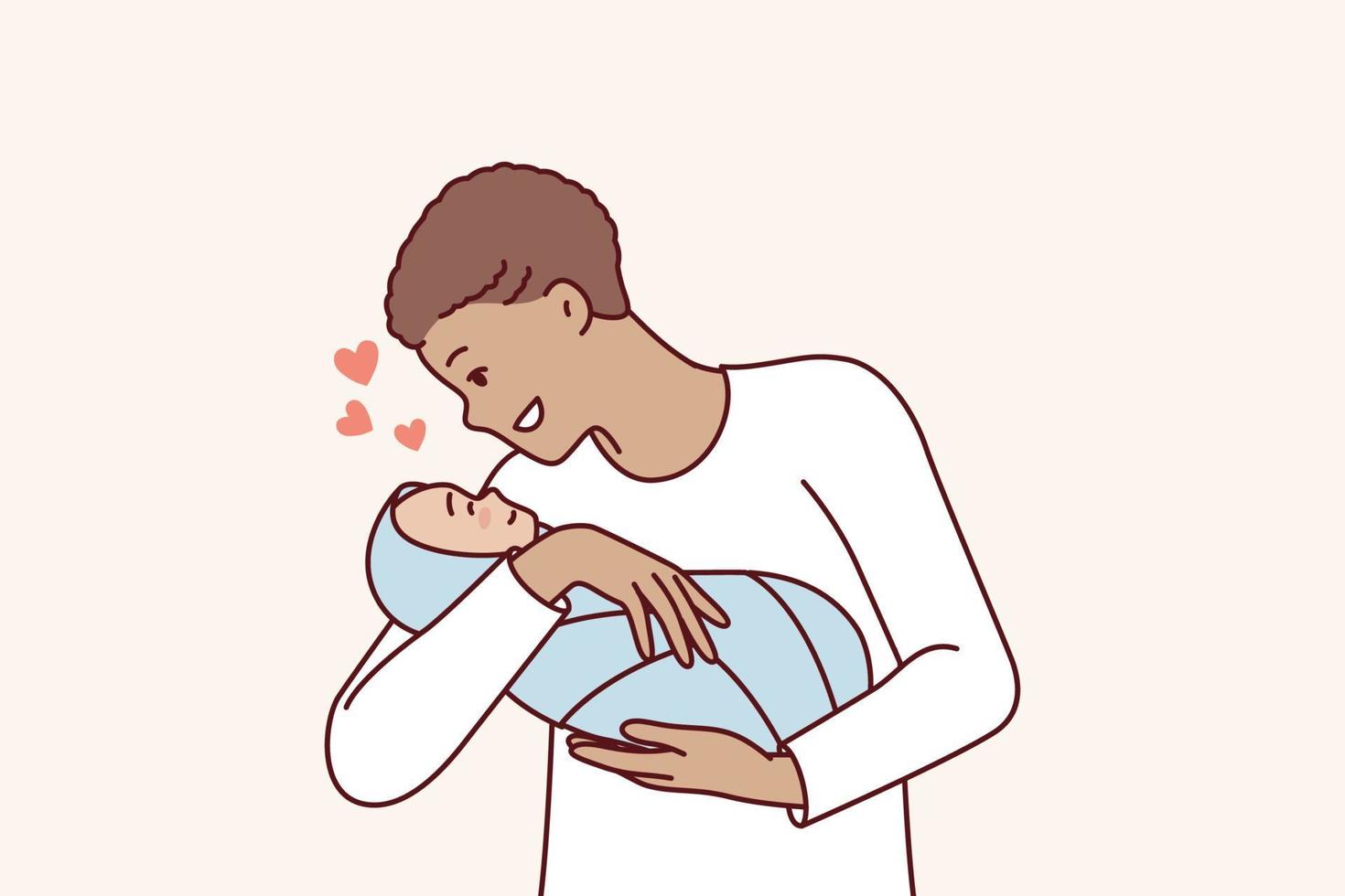 l'homme aimant tient le bébé dans les bras et sourit, apprécie la communication avec son propre fils. un jeune père positif aux cheveux courts est heureux de voir un nouveau-né enveloppé dans une couverture. illustration vectorielle plane vecteur