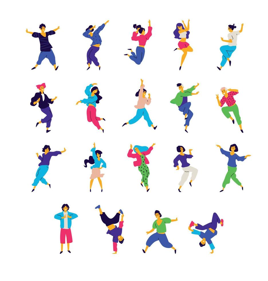 un groupe de danseurs dans différentes poses et émotions. vecteur. illustrations d'hommes et de femmes. style plat. un groupe d'adolescents heureux danse et s'amuse. studio de danse. vecteur