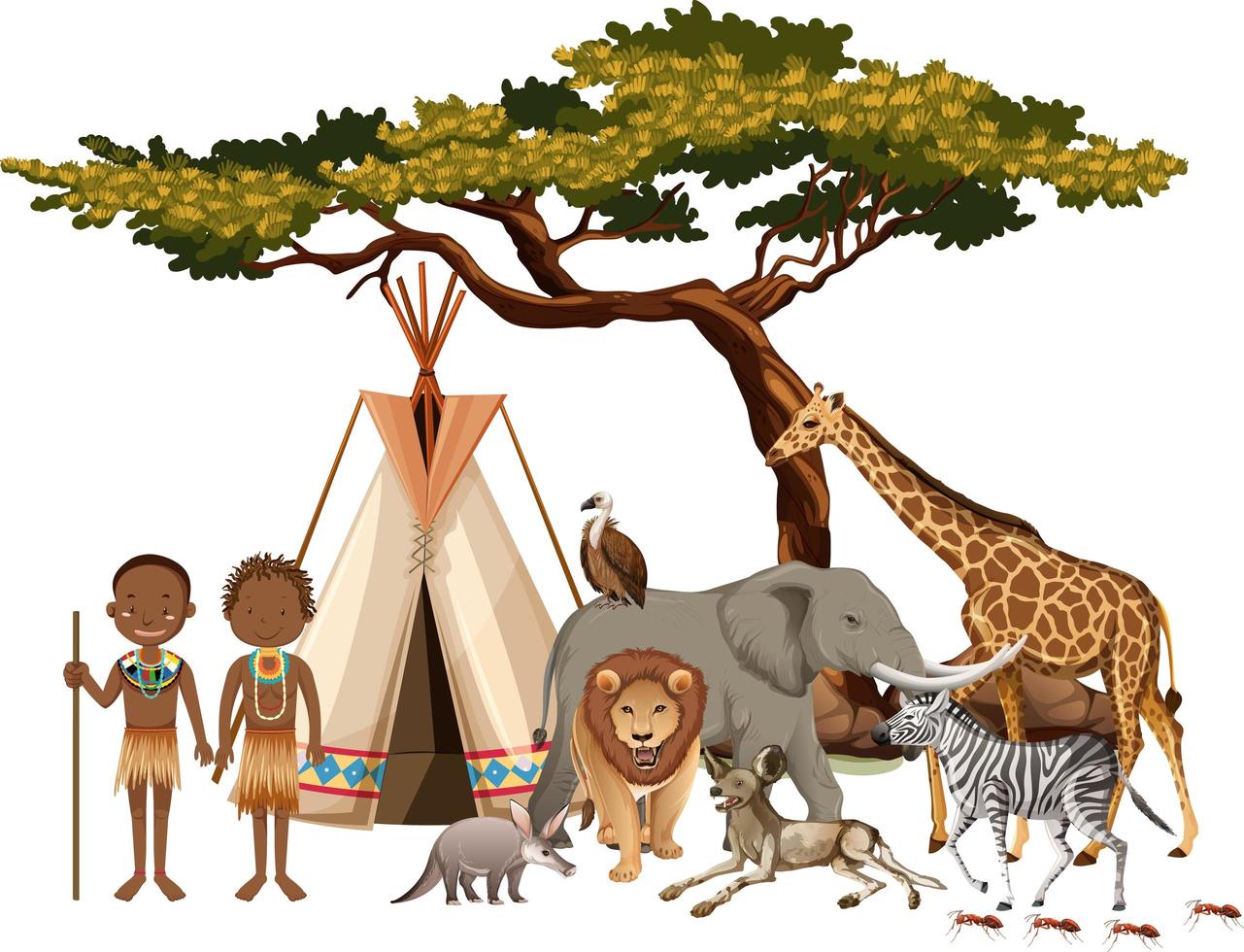 Tribu africaine avec groupe d'animaux africains sauvages sur fond blanc vecteur