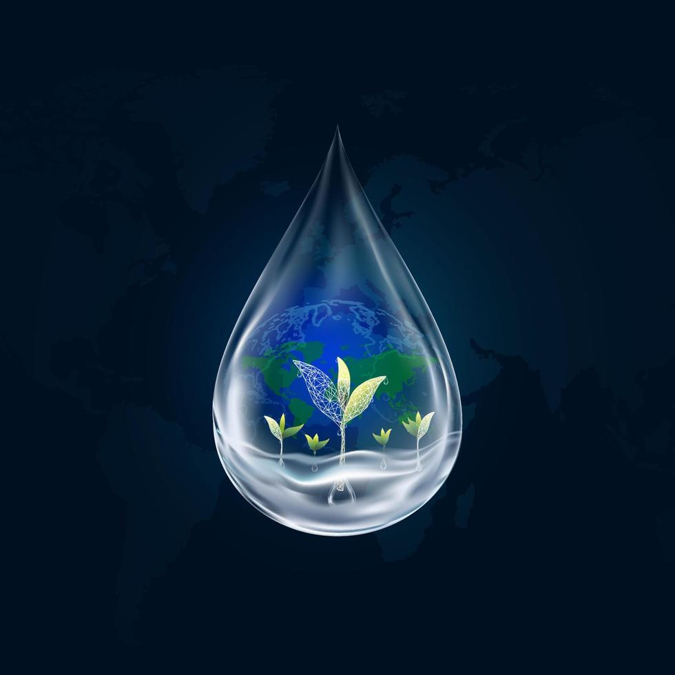 fond de la journée mondiale de l'eau avec goutte d'eau 3d avec plante en croissance sous l'eau propre sur fond de carte du monde globe, vecteur bannière goutte de pluie simple transparence avec jeune arbre pour le concept de jour de la terre heureux