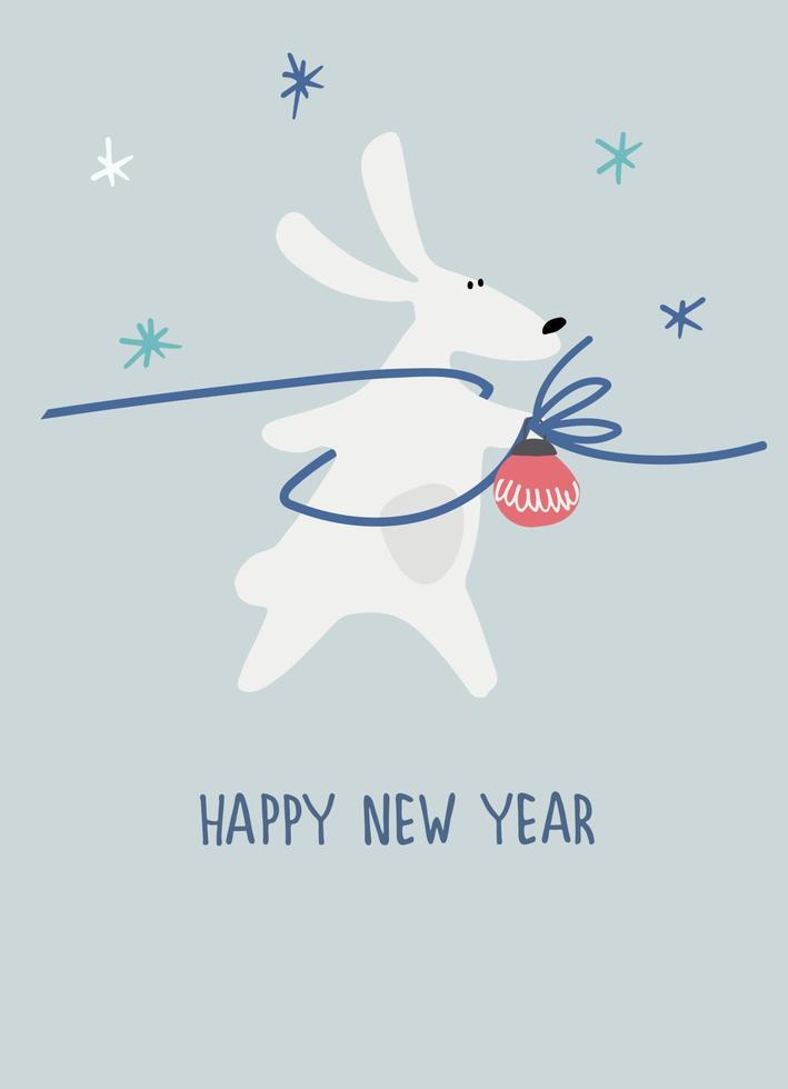 carte de voeux de bonne année avec lapin d'eau, animal du zodiaque pour 2023 dans la forêt de nuit. horoscope chinois drôle lapin et phrase de salutation manuscrite vecteur