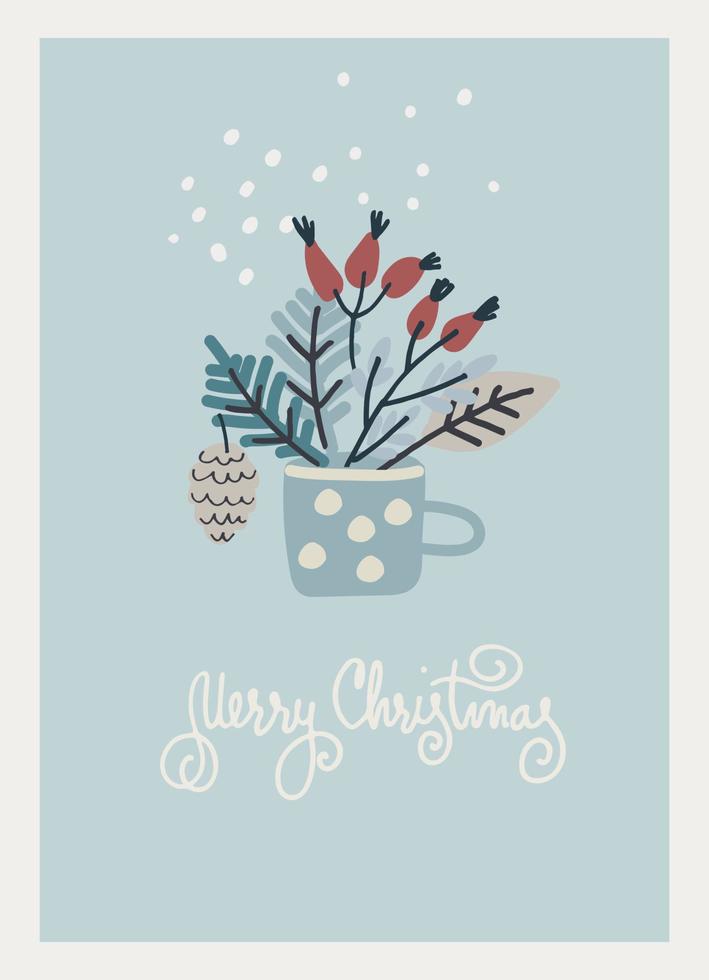 modèle de carte de voeux joyeux noël. design minimaliste avec disposition des branches. brindilles avec feuilles et baies dans une tasse, flocons de neige, lettrage à la main sur fond bleu vecteur