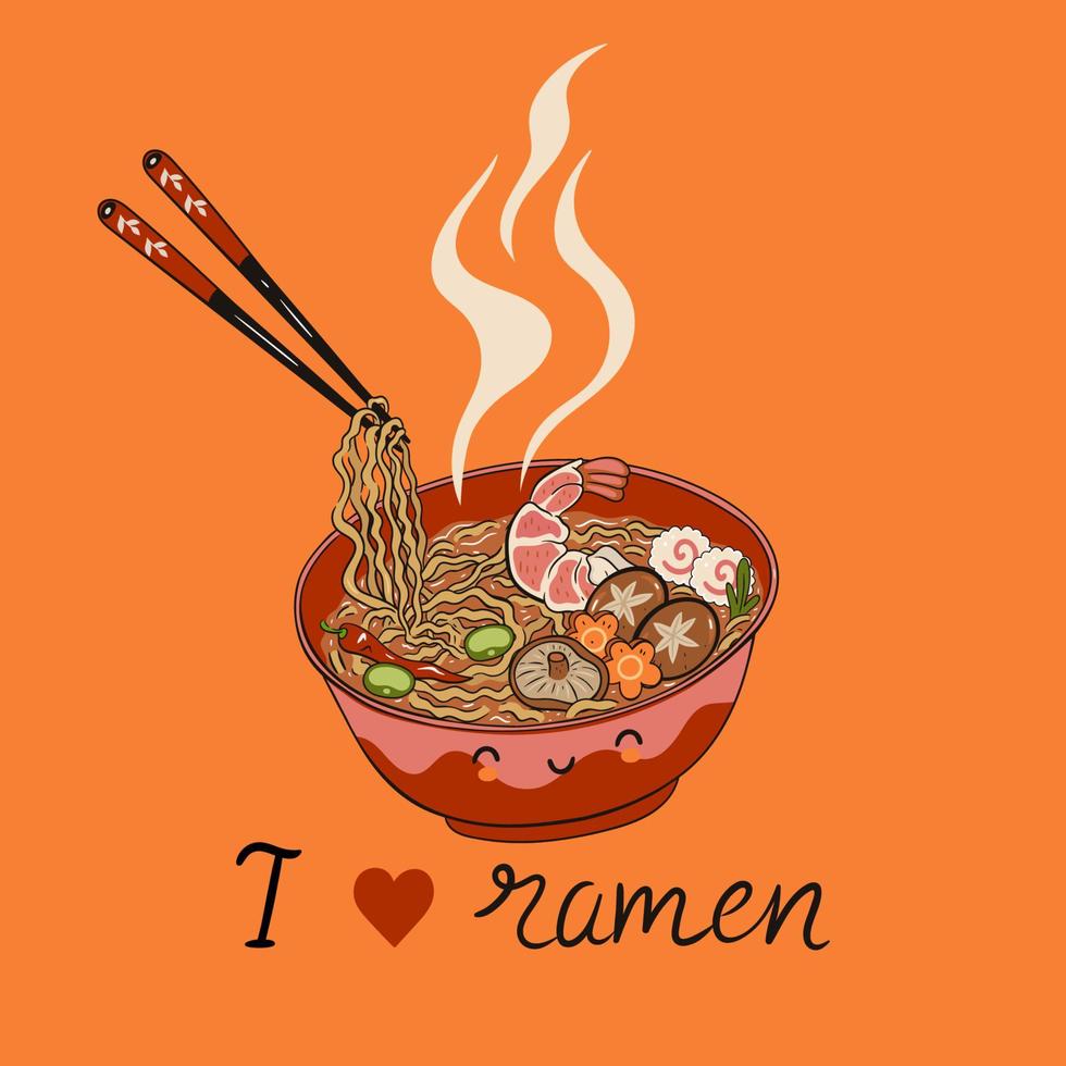 carte postale avec des nouilles ramen kawaii. graphiques vectoriels. vecteur