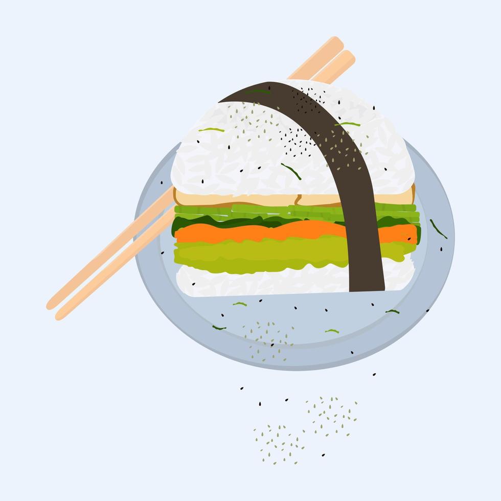 sushi burger à l'avocat, aux légumes, au thon. parsemer de sésame noir. manger avec des baguettes. avec sauce teriyaki. vecteur